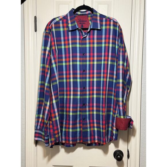 Luciano Visconti XXL Button-Up Shirt Flip Cuff Multicolor Plaid Bold Casual - Picture 1 of 7